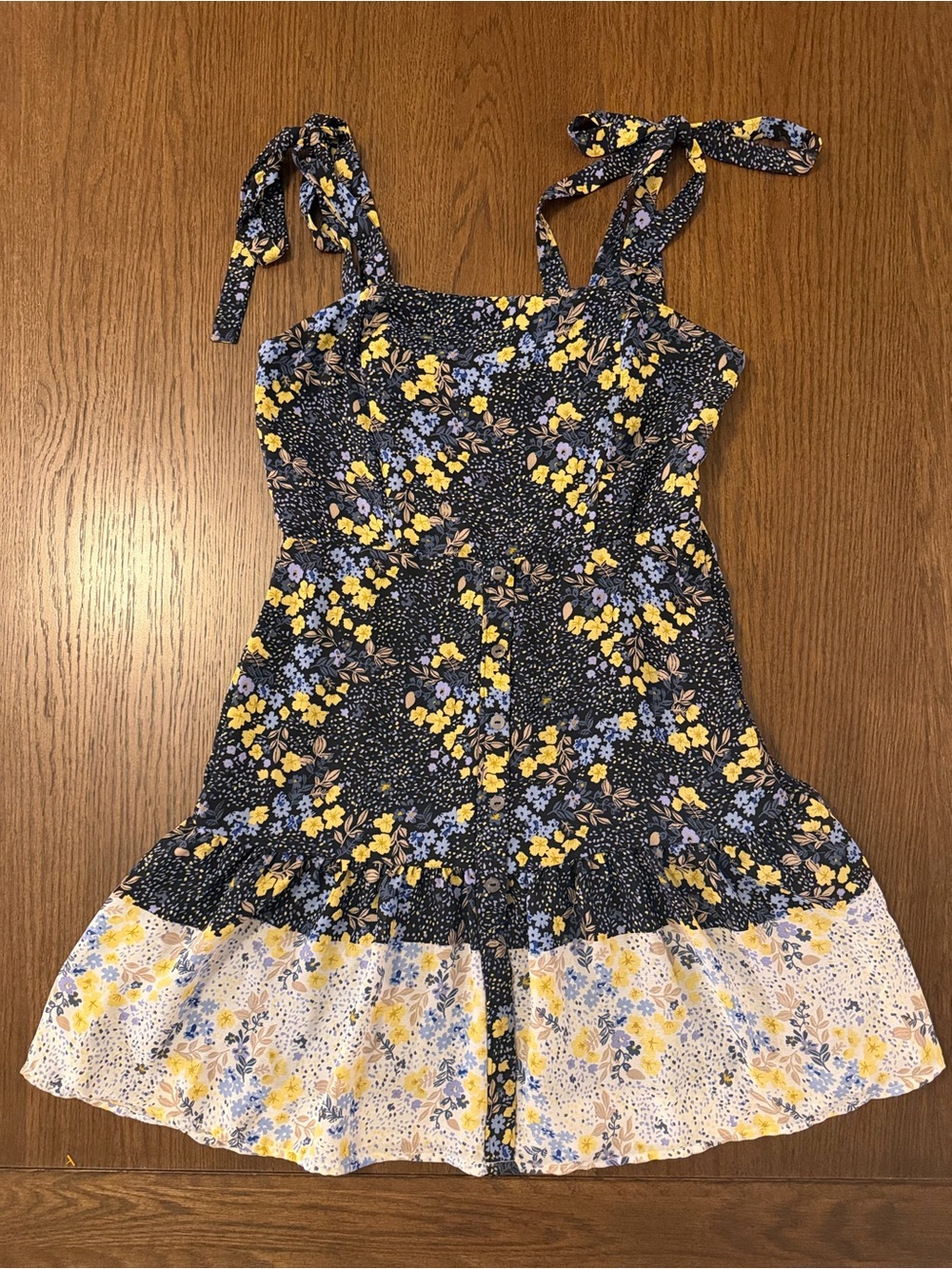 Francesca’s Jun & Ivy Navy and Yellow Floral Tie-Shoulder Mini Dress